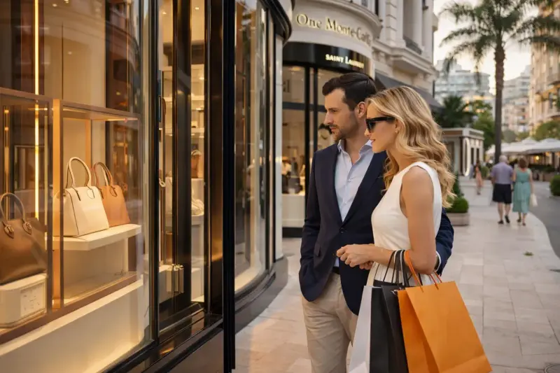 Elegant couple shopping at a luxury boutique in Monaco with designer bags and refined atmosphere